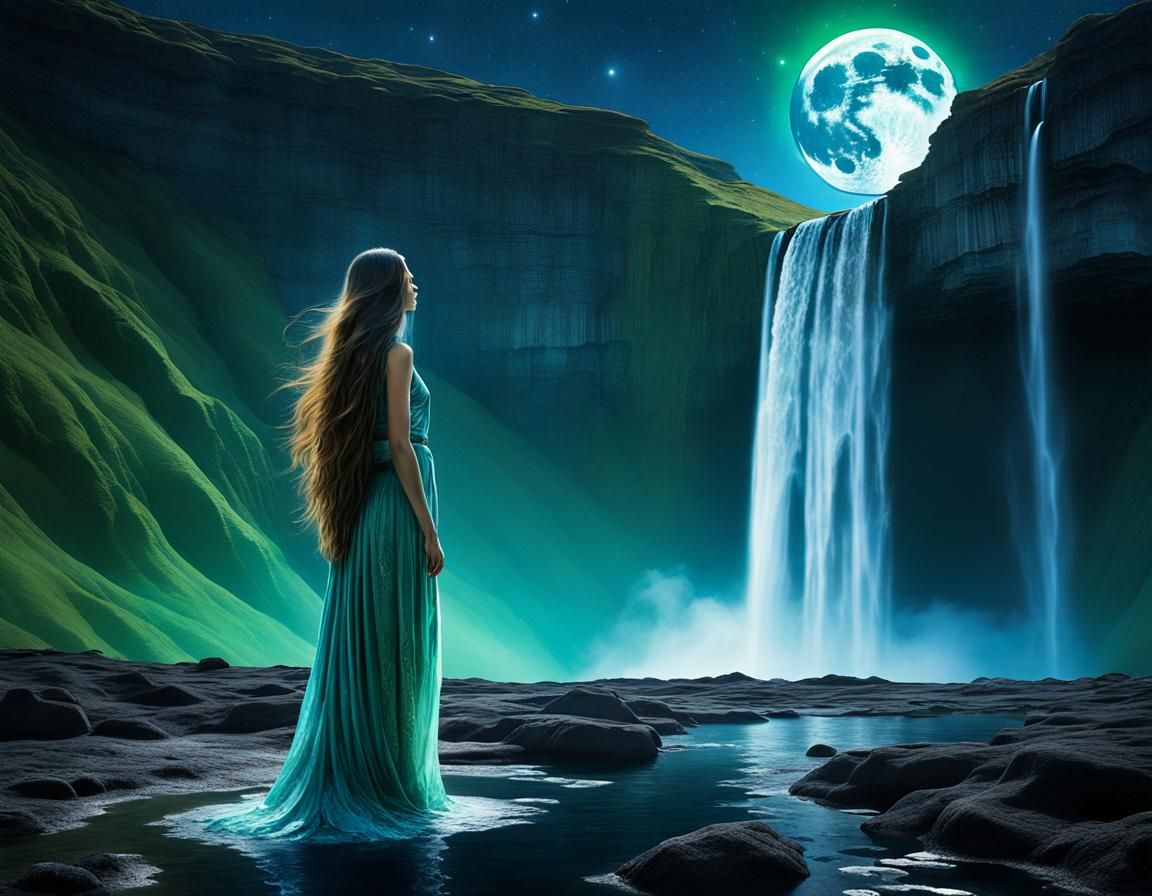 Ethereal Woman at Lunar Waterfall in Mystical Realm