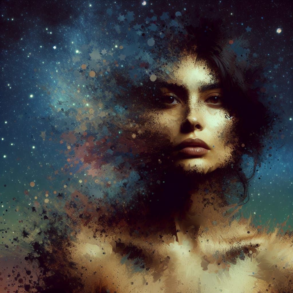 Melancholic Hispanic Woman Dissolving into Starry Sky
