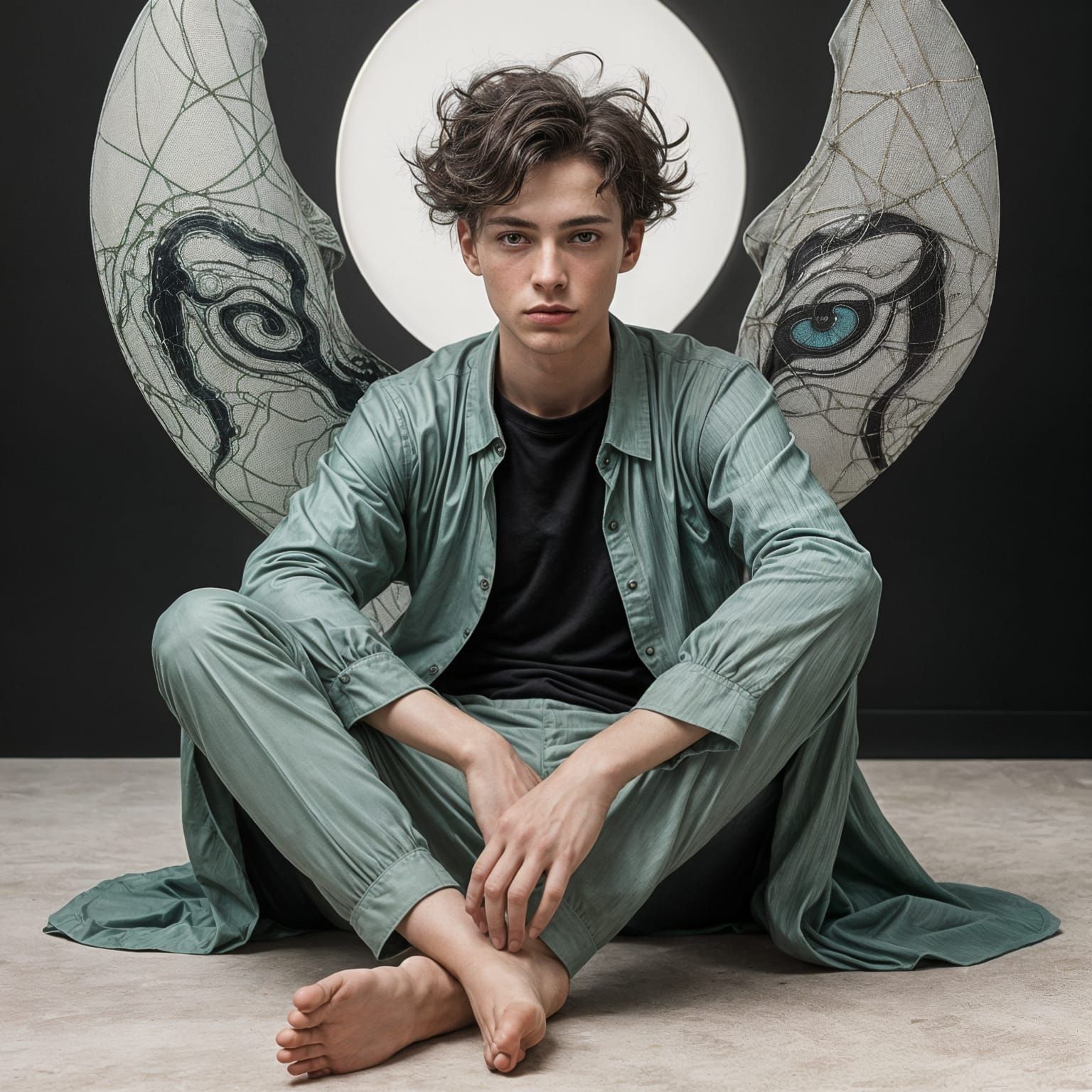 Egon Schiele-Inspired Young Boy Surrounded by Golden Biolumi...