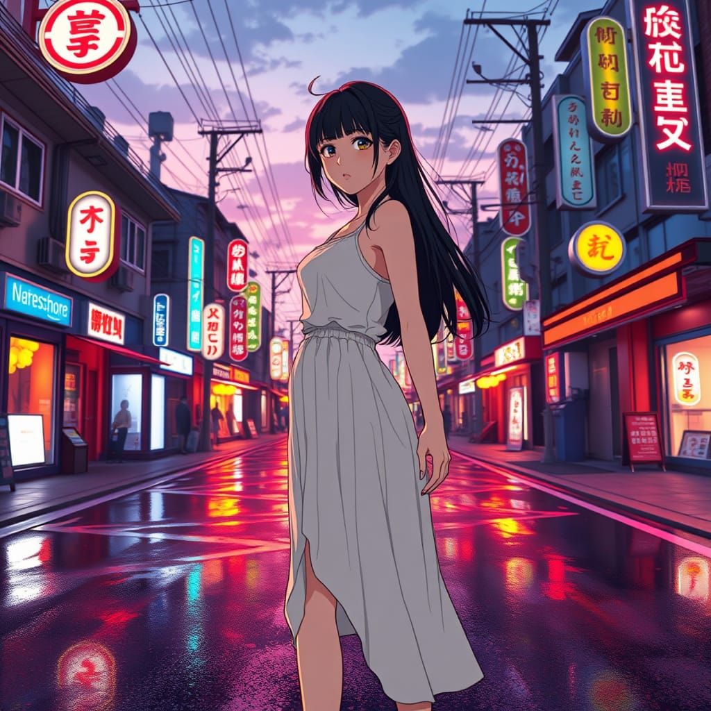 Neon-Lit Japanese Town in Anime Style