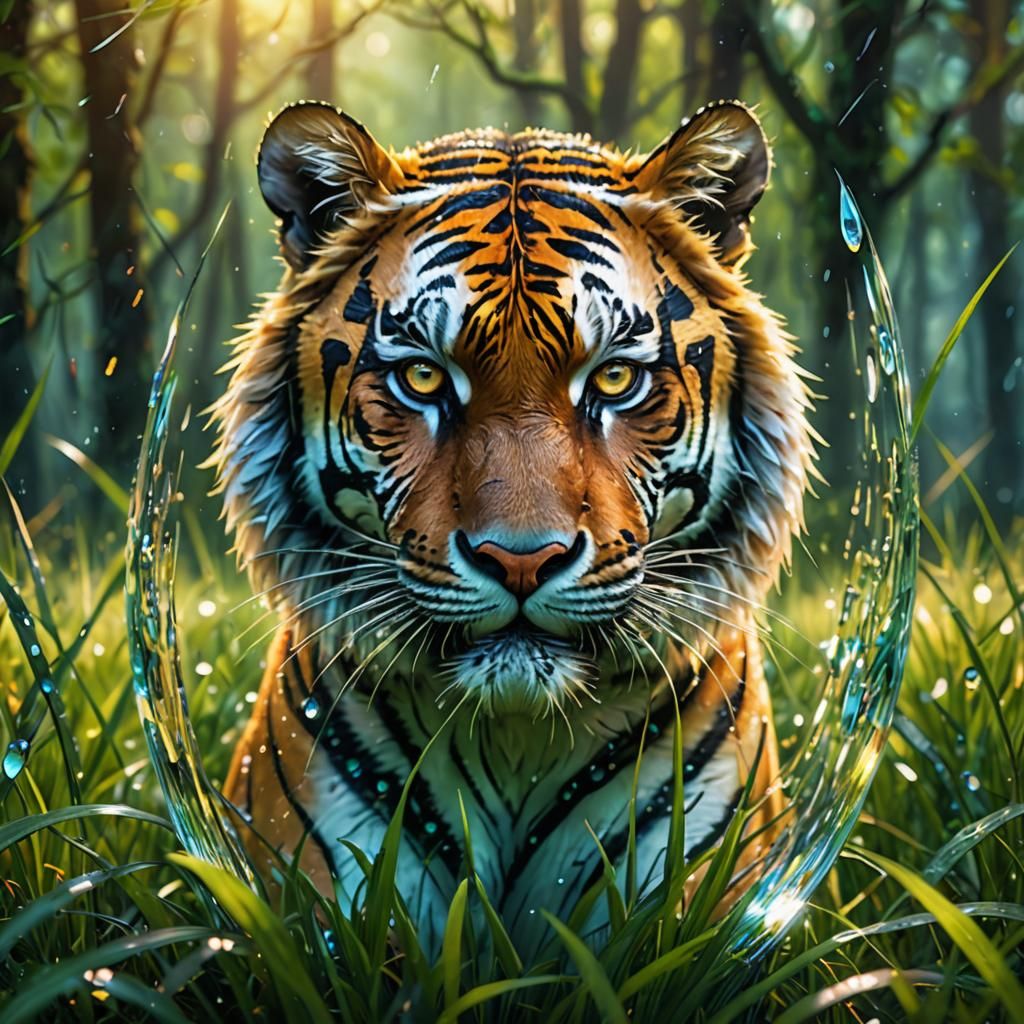 Glass and Grass Tiger in Fantasy Forest
