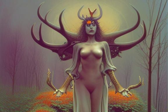 Mystic Huntress in Autumn Woods, Surreal Biopunk Style