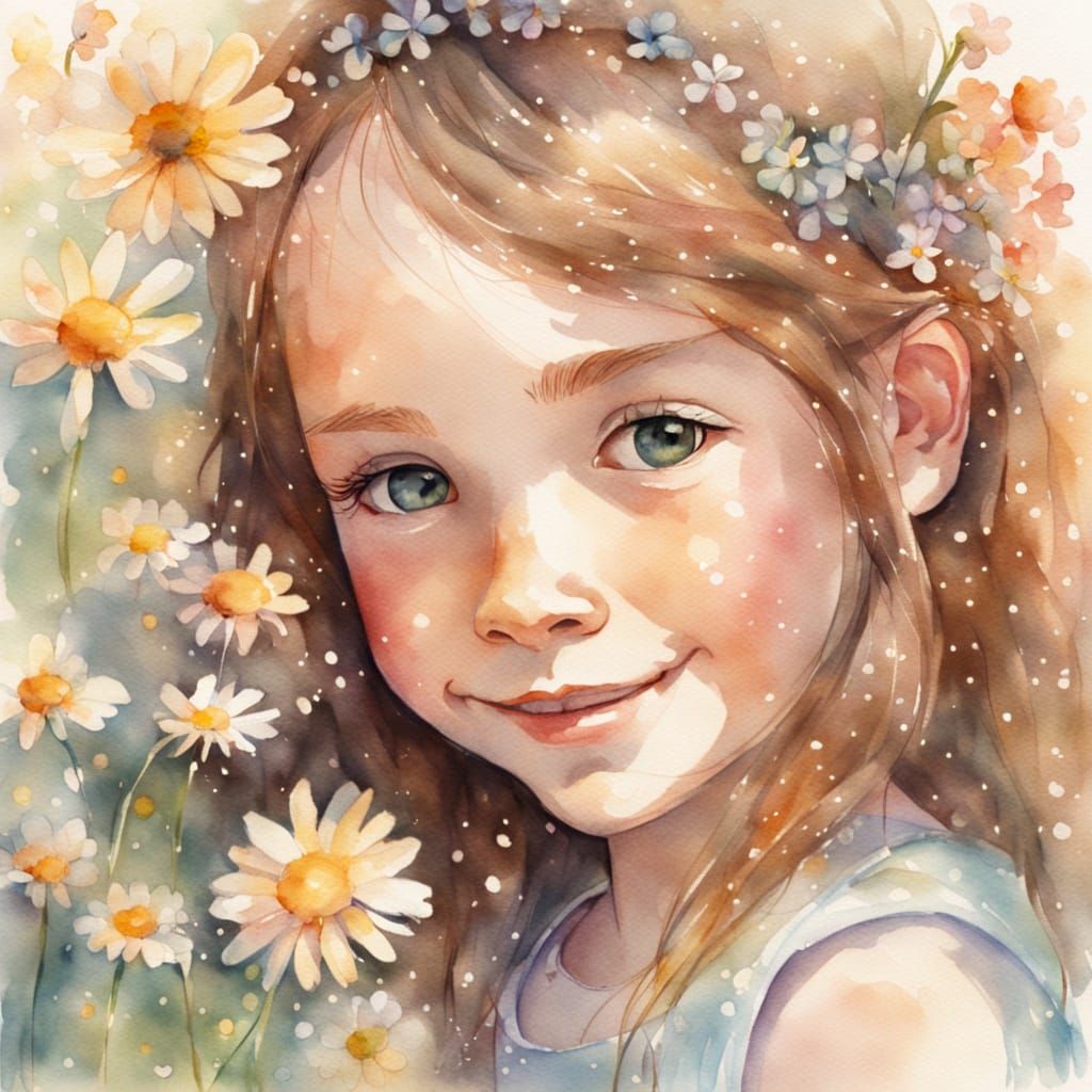 Girl Making Daisy Chain: Watercolour Illustration
