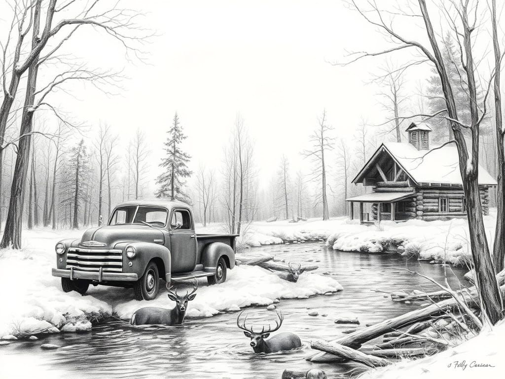 Winter Landscape with Deer and Log Cabin in a Terry Redlin S...