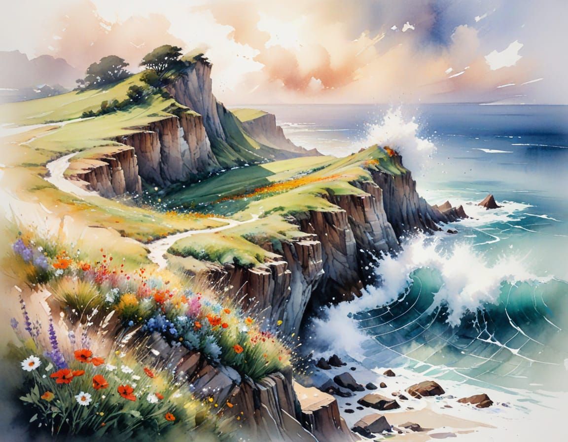 Windswept Coastal Bluff in Watercolor Style
