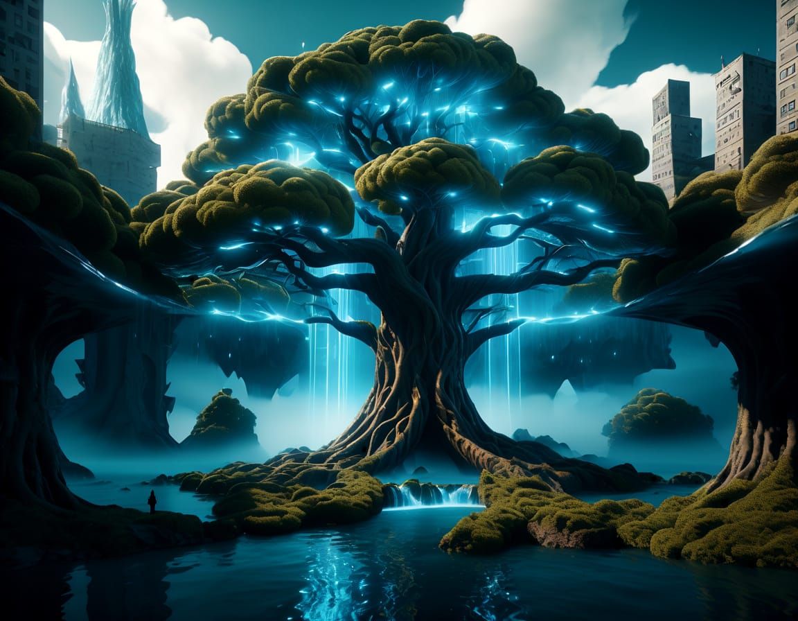 Dreamlike Urban Oasis in Vibrant, Electric Blue