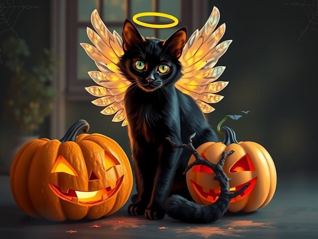Black Cat With Angel Wings on Halloween Night
