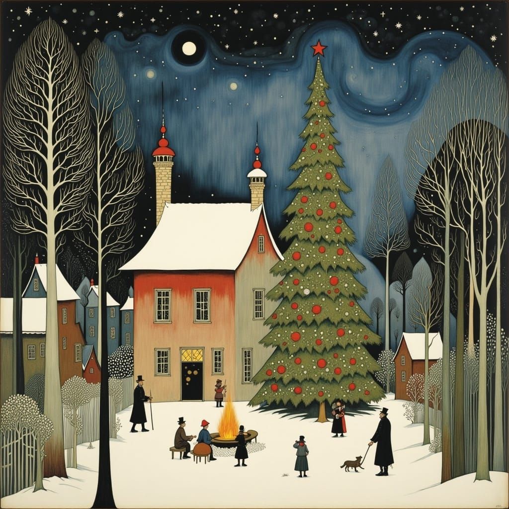 Cozy Christmas Scene in Vintage Illustration Style
