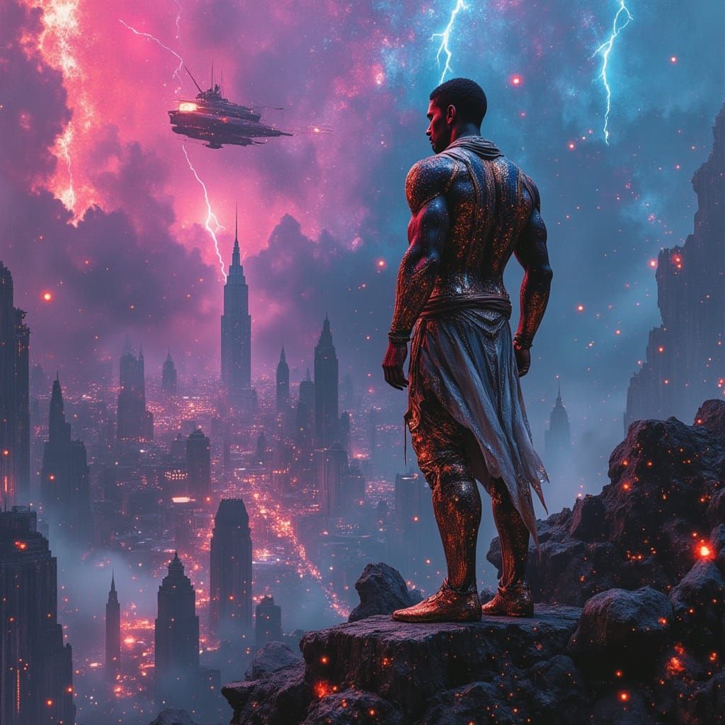Warrior God Overlooking Neon Metropolis in Futuristic Armor