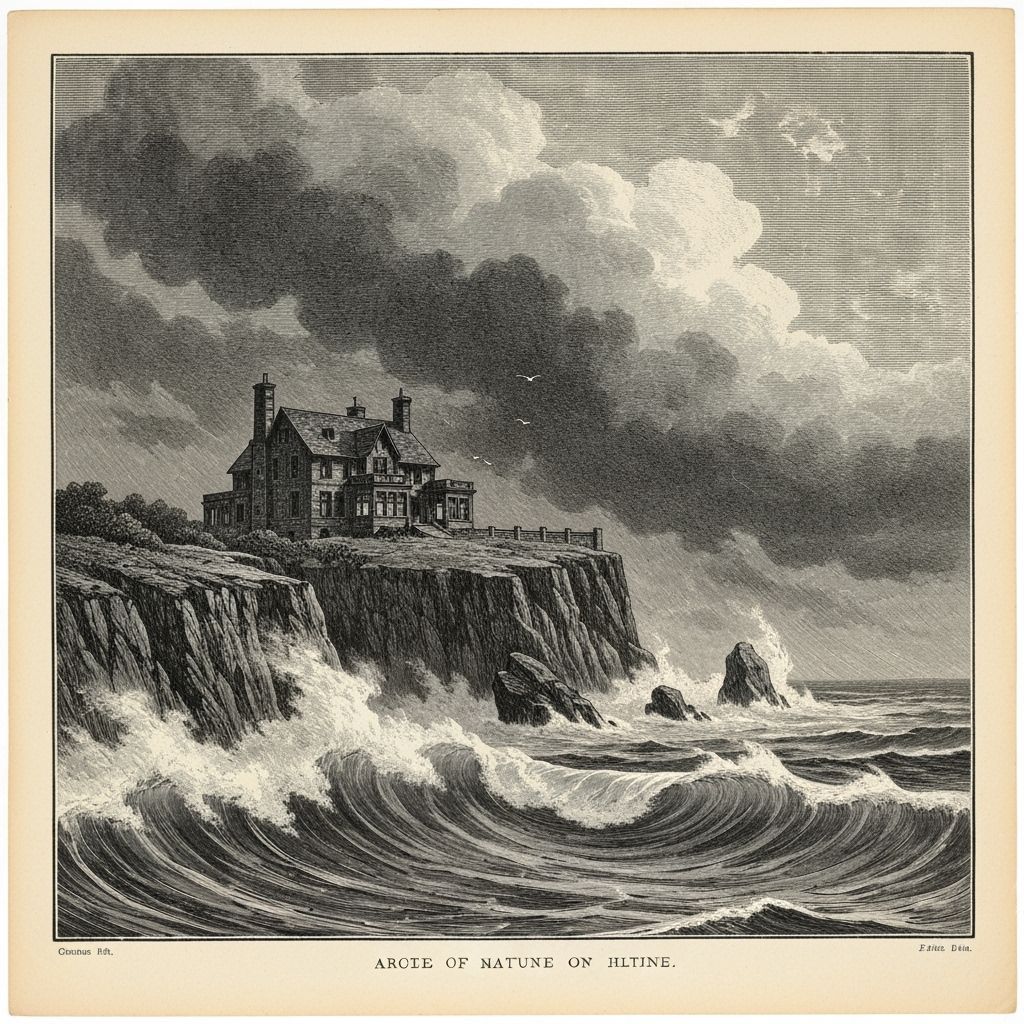 Dark Mansion on Stormy Cliffs in Black and White Engraving S...