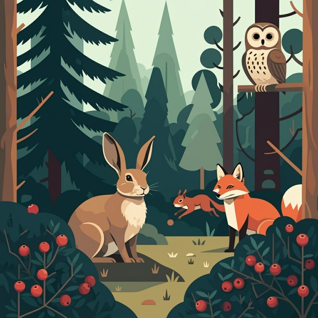 Conifer Forest Animals in Mid-Century Modern Style