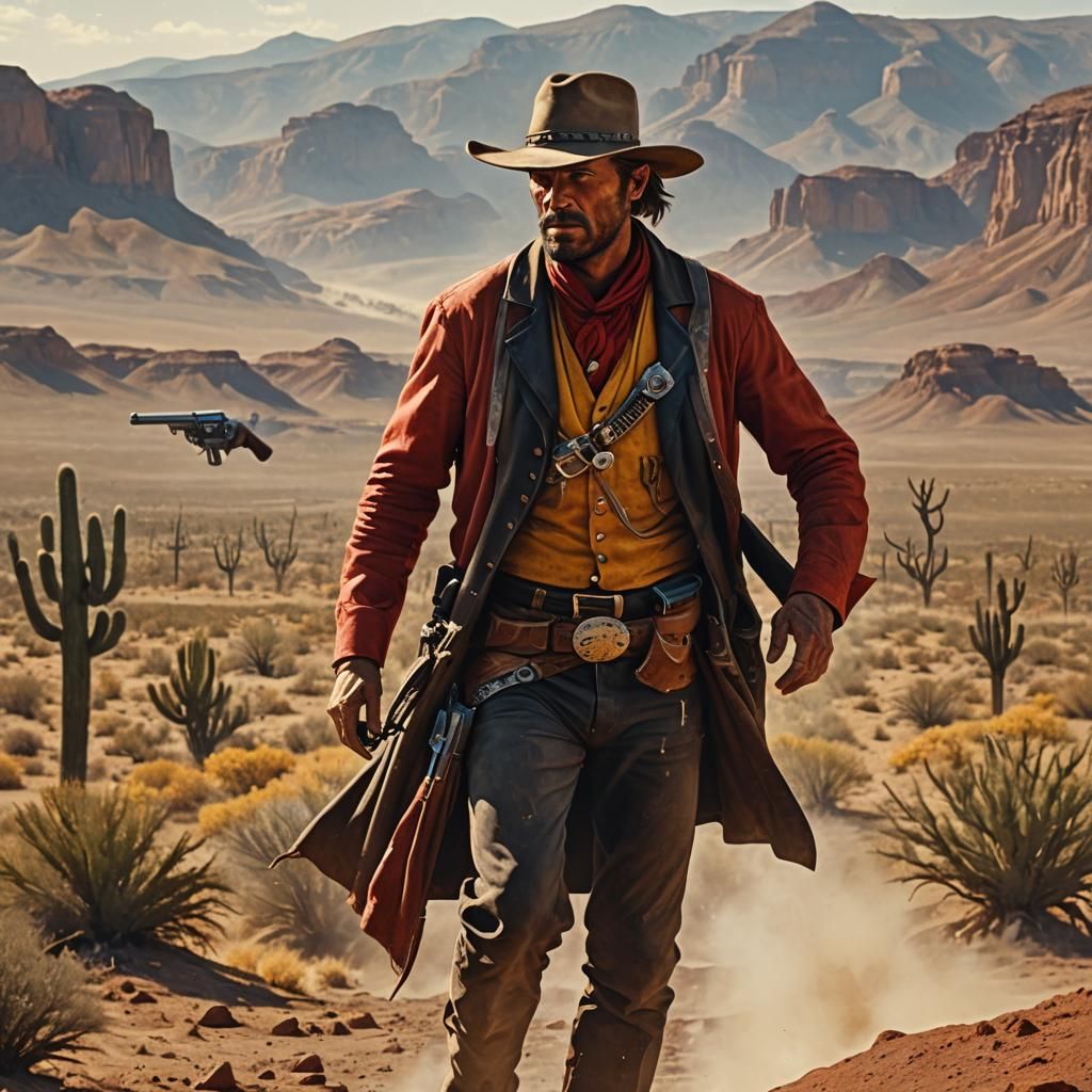 Retro Western Gunslinger in Desert Landscape