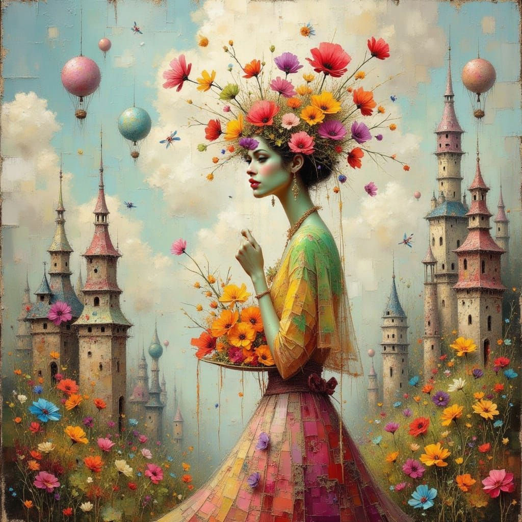 Surreal Giant Woman in Whimsical Mixed Media Town