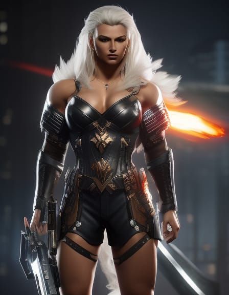 Muscular Blonde Woman Flexing, Hyperrealistic Digital Art