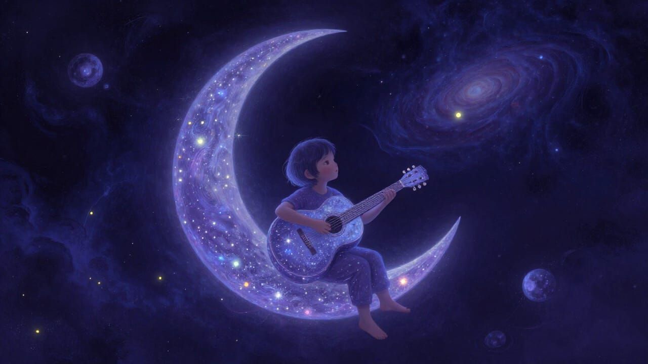 Child on Moon with Stardust Guitar in Cosmic Dreamscape