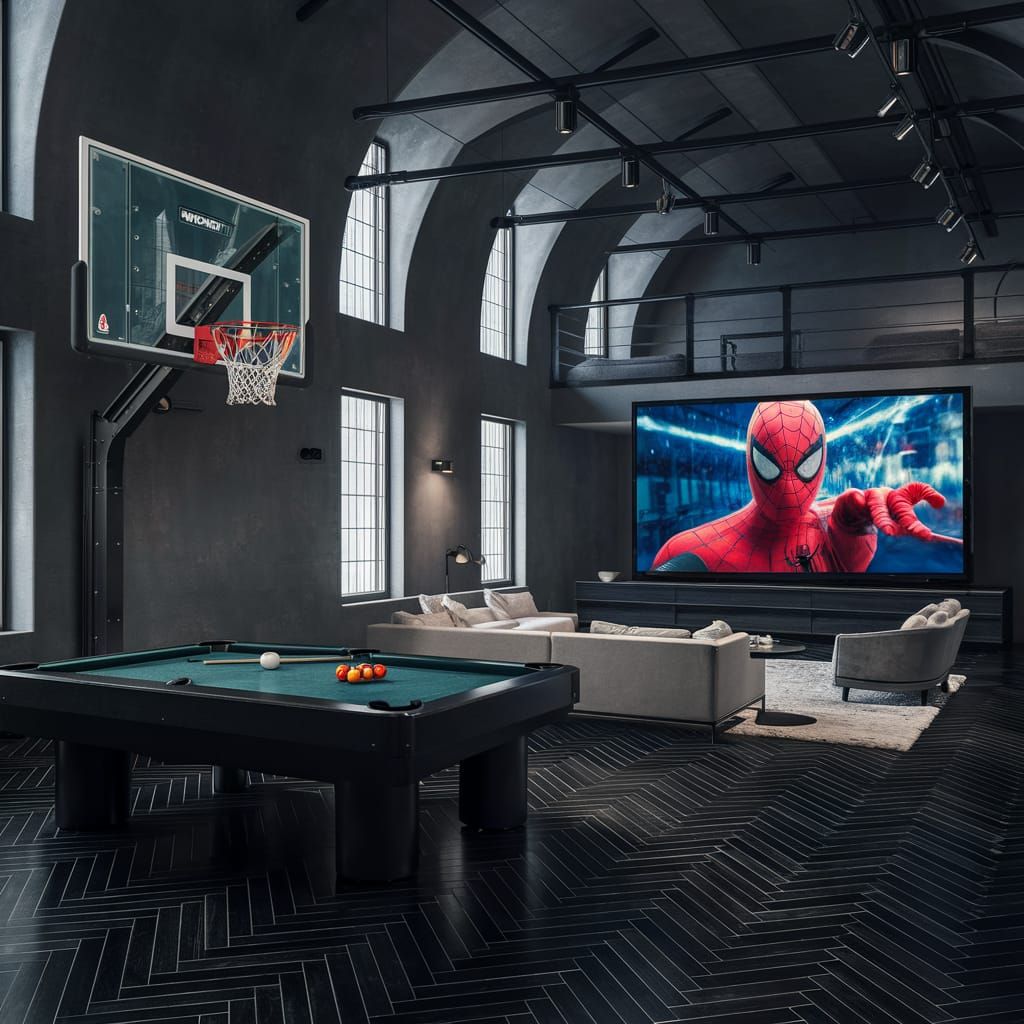 Modern Loft with Basketball Hoop and Pool Table