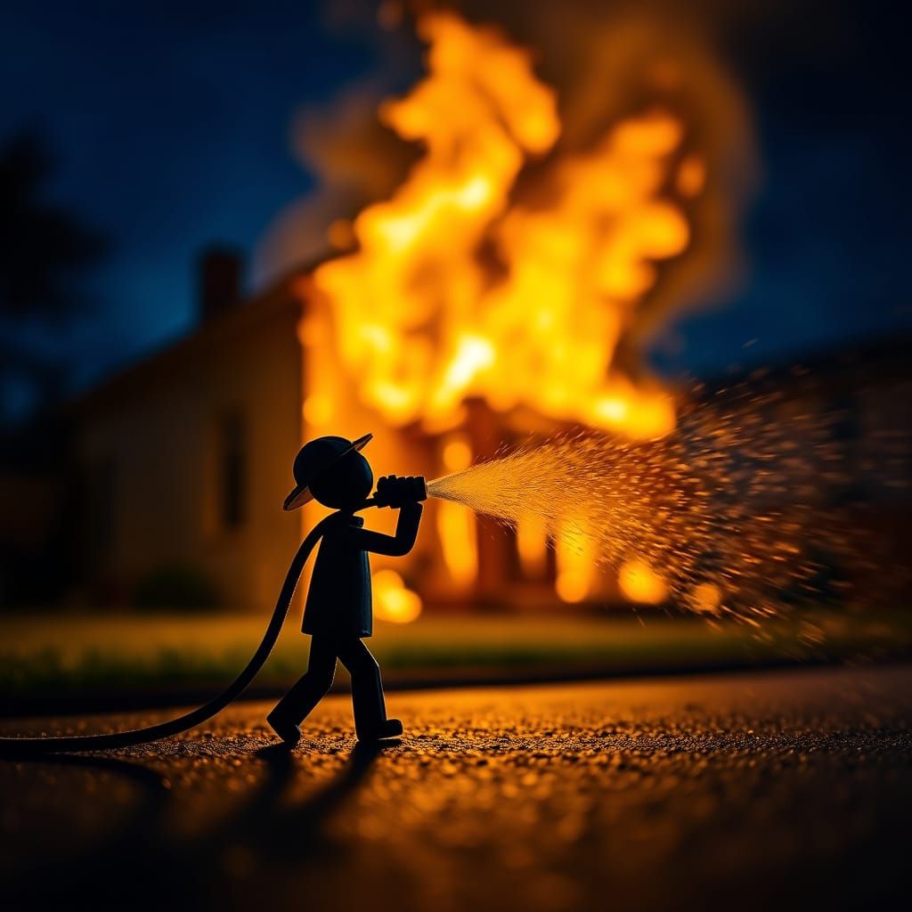 Stick Figure Firefighter Douses Blazing House in Bokeh Photo...