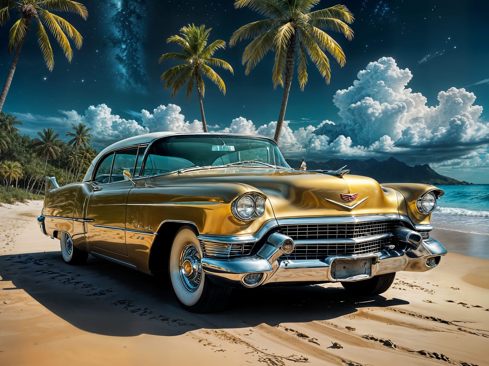 1956 Cadillac Eldorado on Tropical Beach at Night