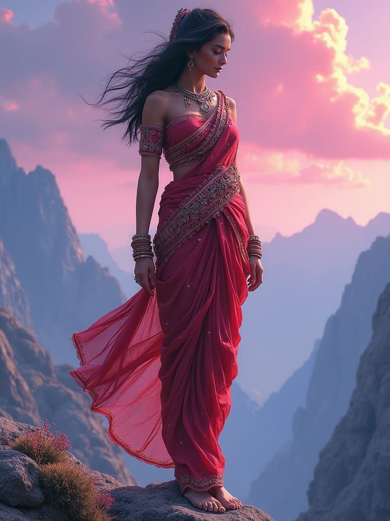 Woman in Sari Amidst Majestic Mountains