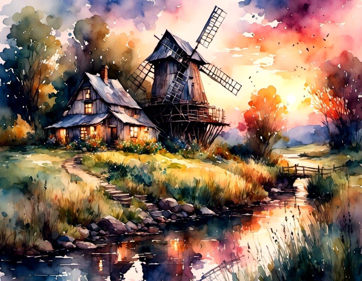 Windmill at Creek, Antique Watercolor and Oil