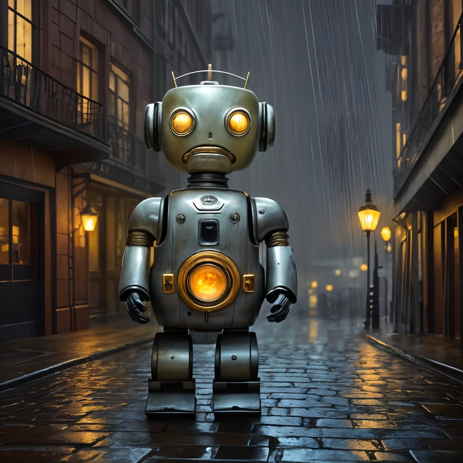 Melancholic Robot with Flower in Art Deco City