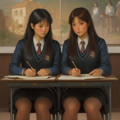 School Girls in Oil Painting Style