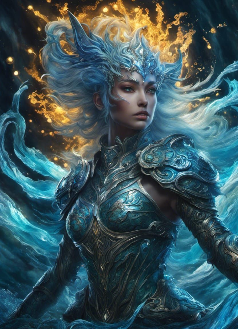 Majestic Water Elemental Warrior in Deep Ocean Colors