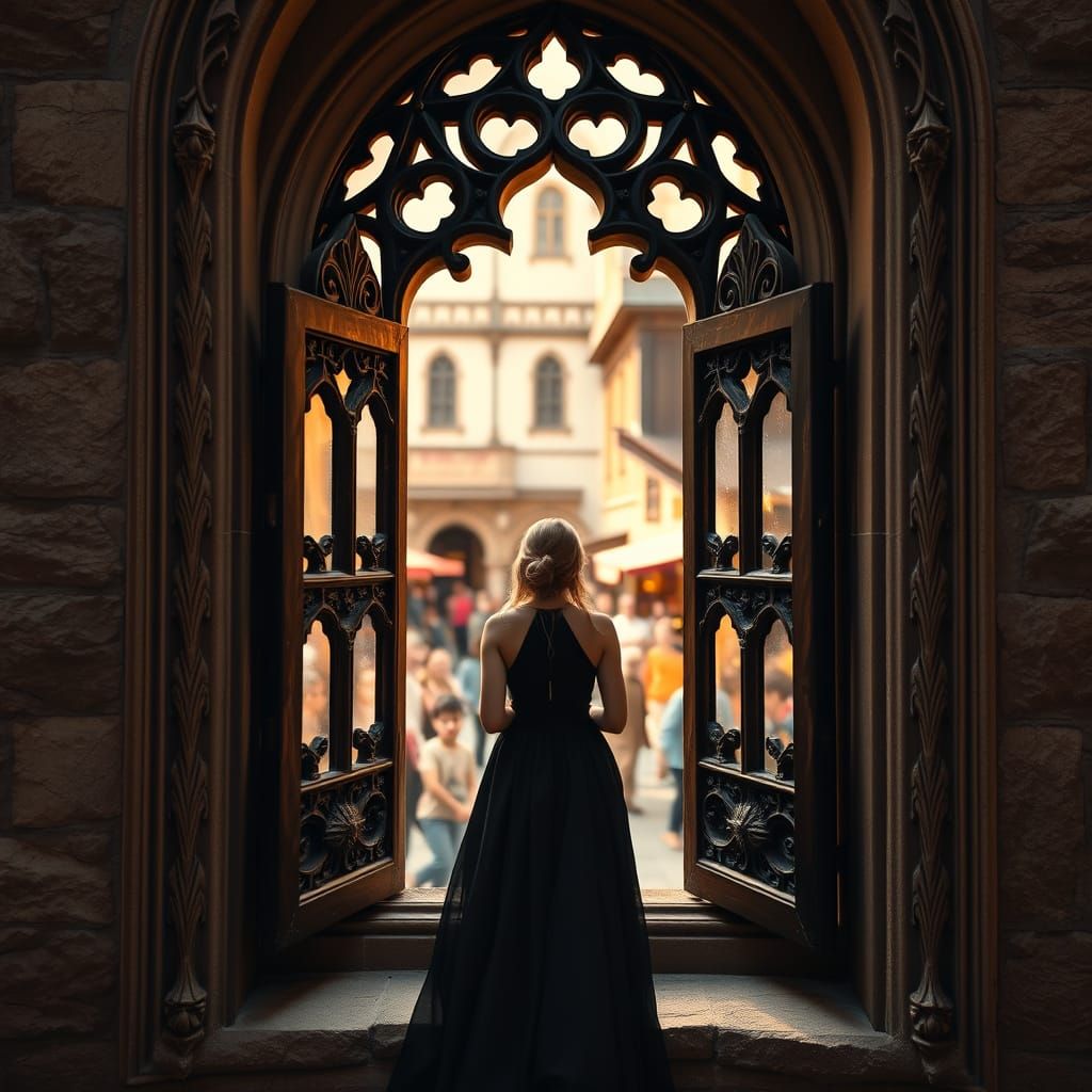 Medieval Marketplace Scene Through a Gothic Window