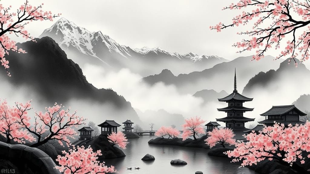 Surreal Japanese Mountainscape in Dramatic Black Ink Style