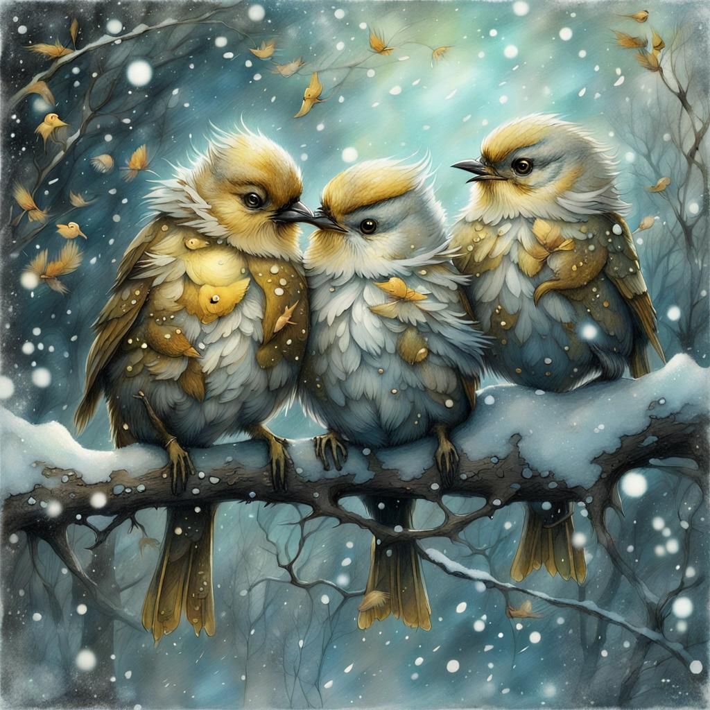 Birds Huddle in Winter Snow: Detailed Illustration