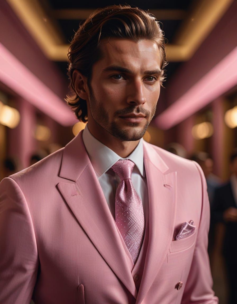 Hyperrealistic Portrait of a Handsome Man in Pink Suit