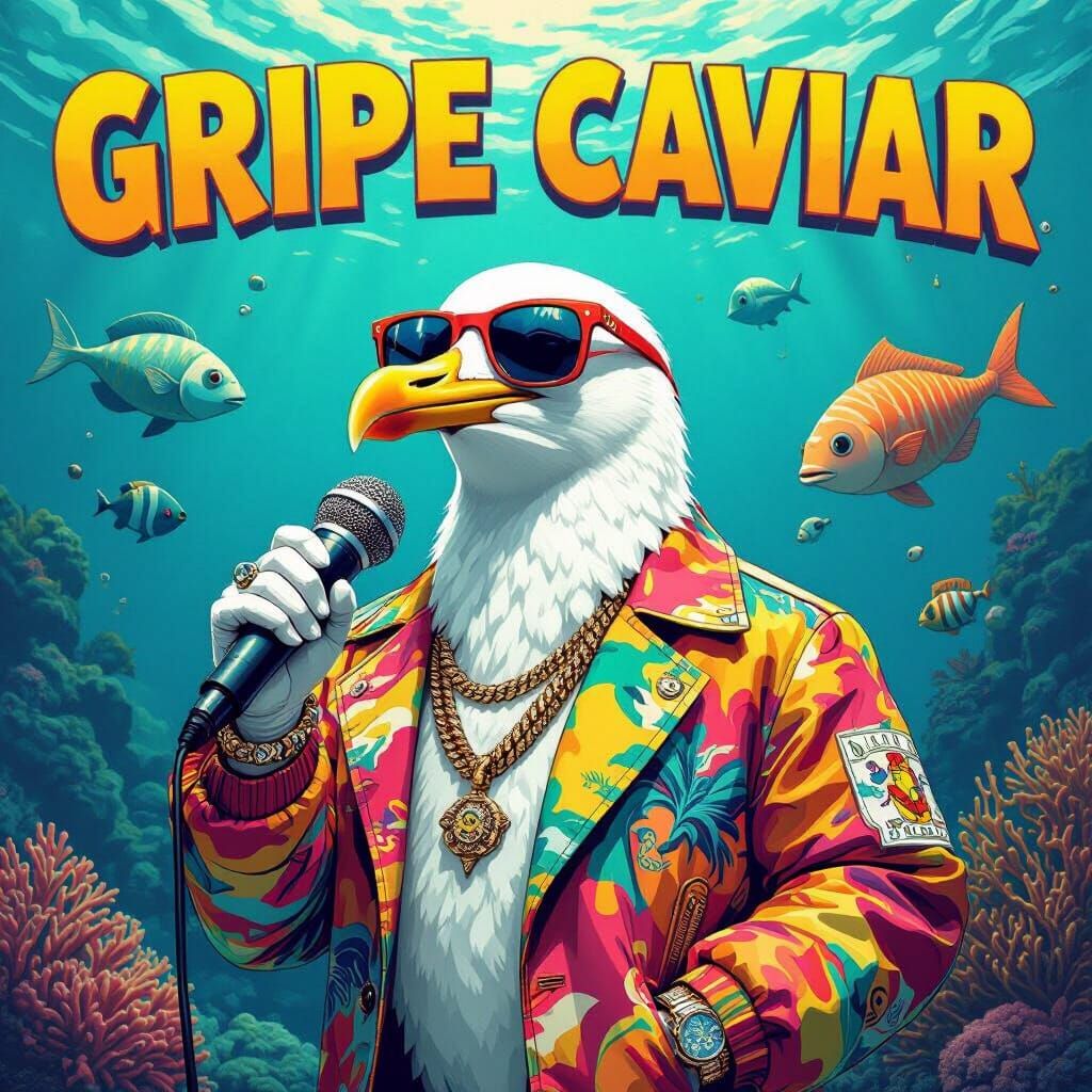 Rapper Seagull in Underwater Scene, Psychedelic Pop Art