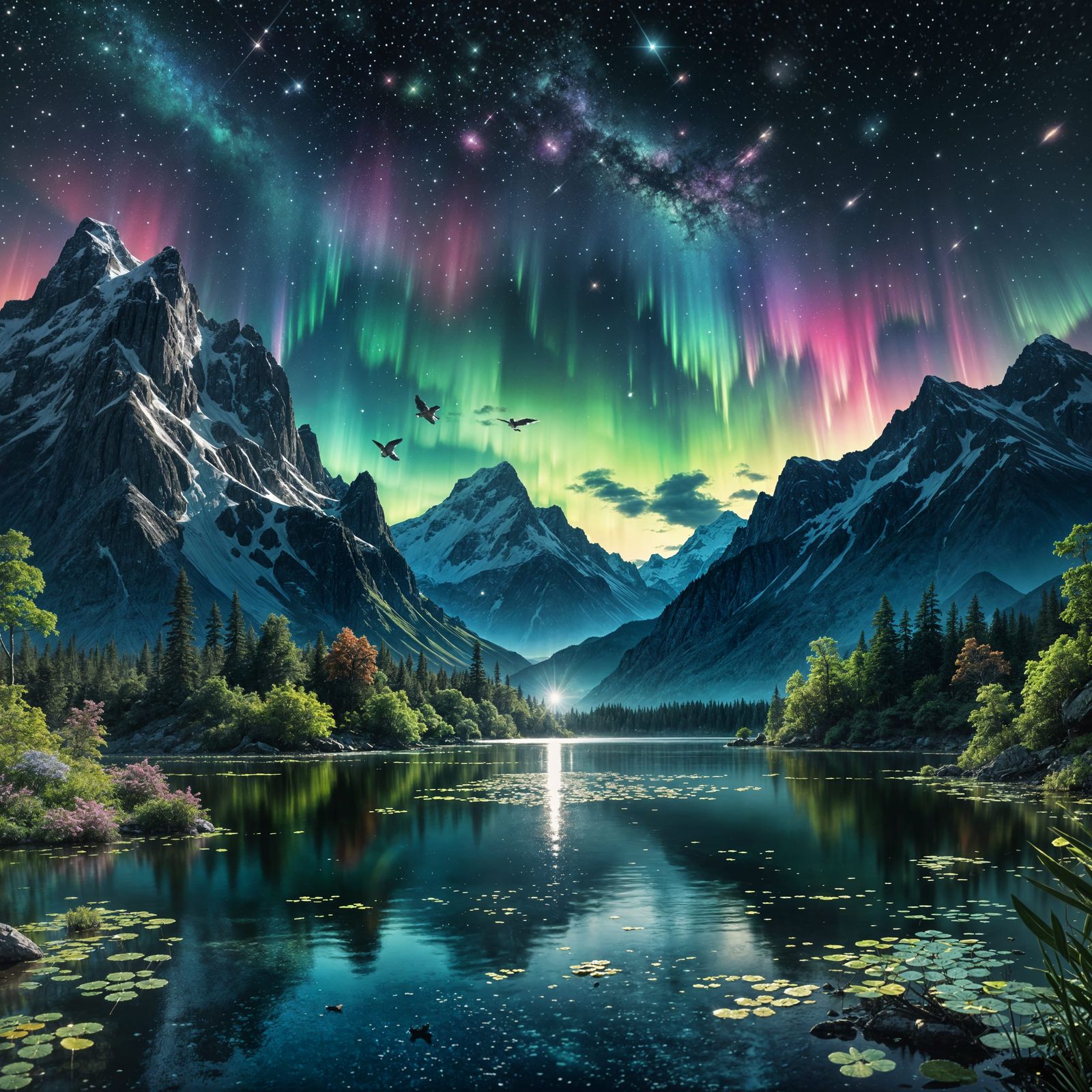 Lush Jungle Lake Under Aurora Borealis Sky