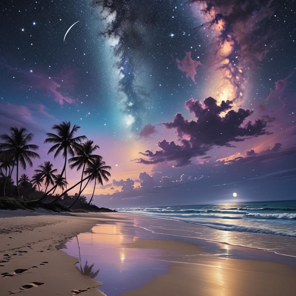 Dreamy Night Sky with Lovers, Ethereal Illustration