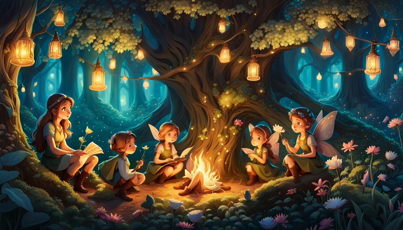 Fairytale Forest Scene with Fairies and Elves