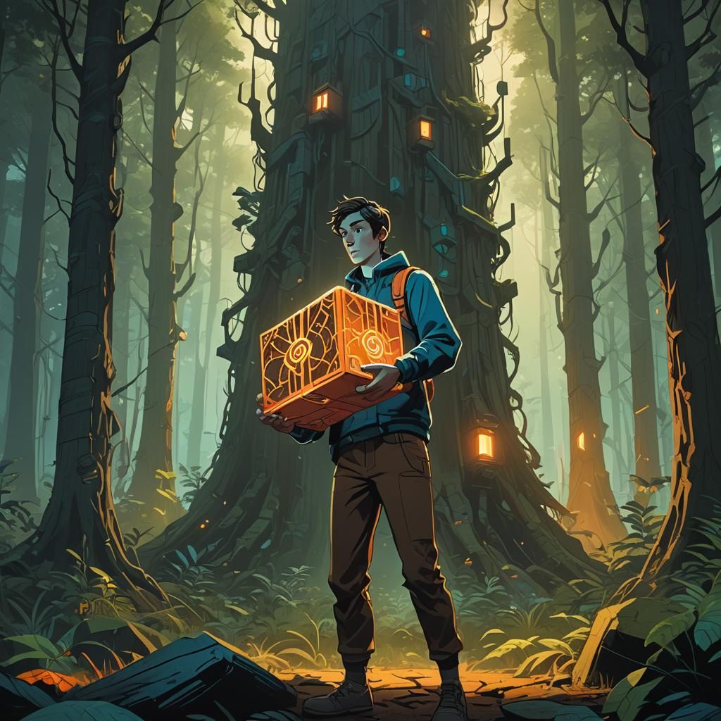 Incredibox Man with Glowing Box in Fantasy Forest