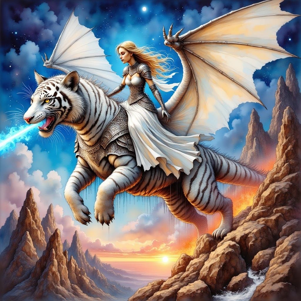 Epic Dragoness Soars Above Fiery Peaks