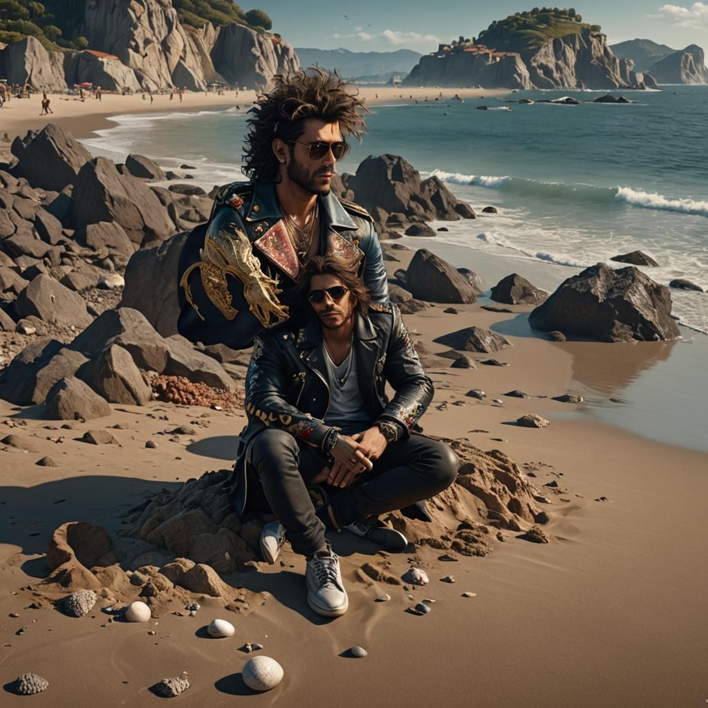 Italian Rockstar on Beach: Detailed Fantasy Art