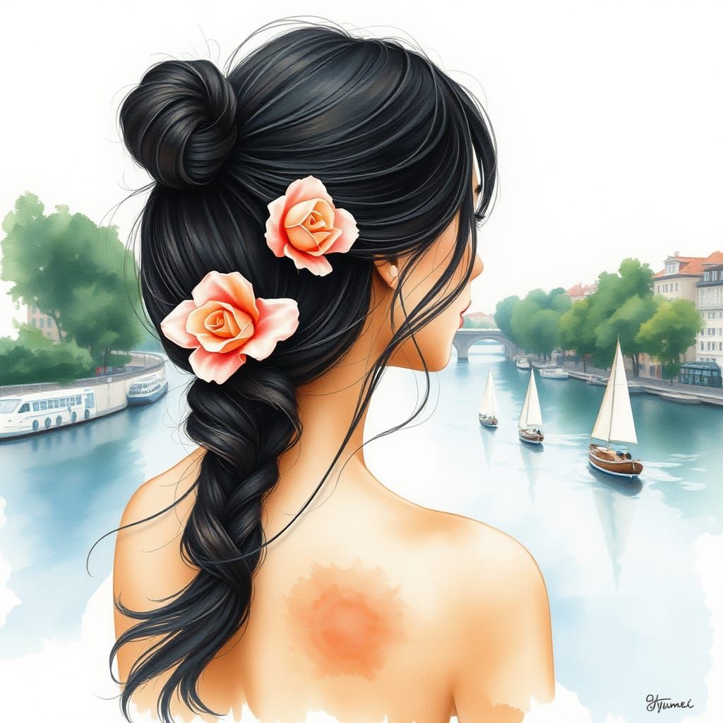 Watercolor Portrait of Woman Watching Sailboats