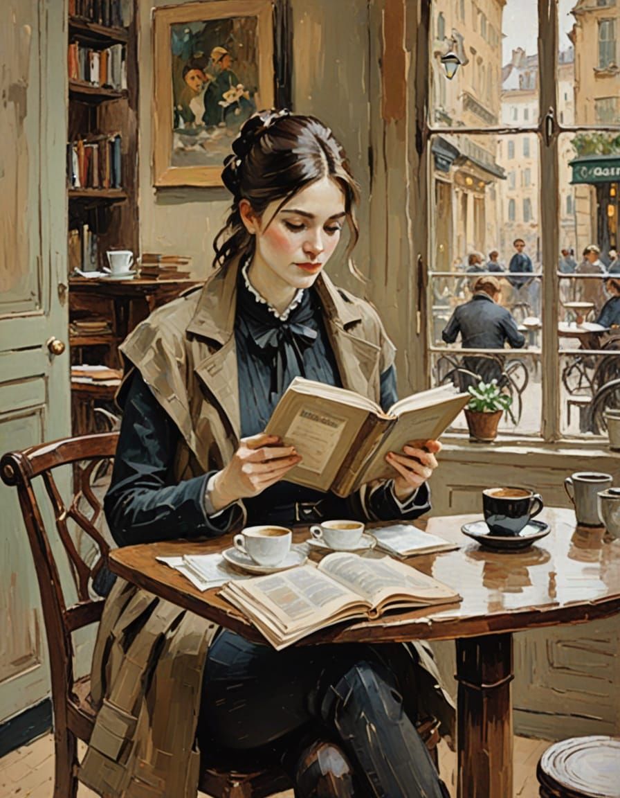 Woman Reading Book in Coffee Shop, Impressionistic Style