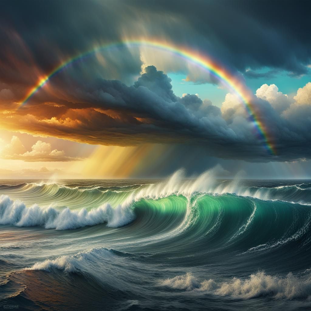 Majestic Rainbow Over the Sea in Oil Painting Style