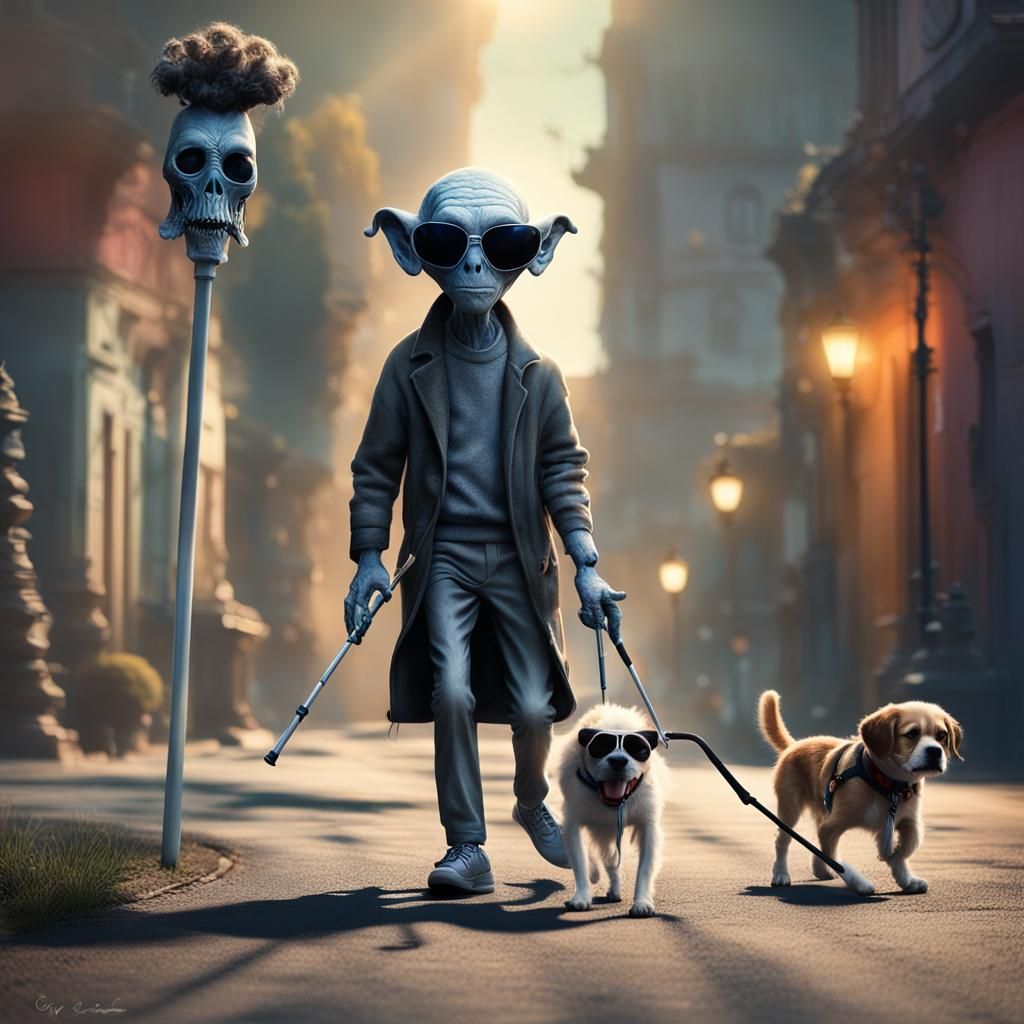 Blind Alien Walks With Seeing Eye Dog