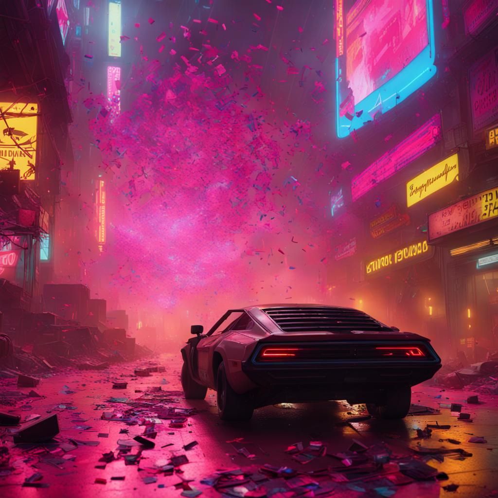 Confetti Explosion After Starship Crash in Cyberpunk Style