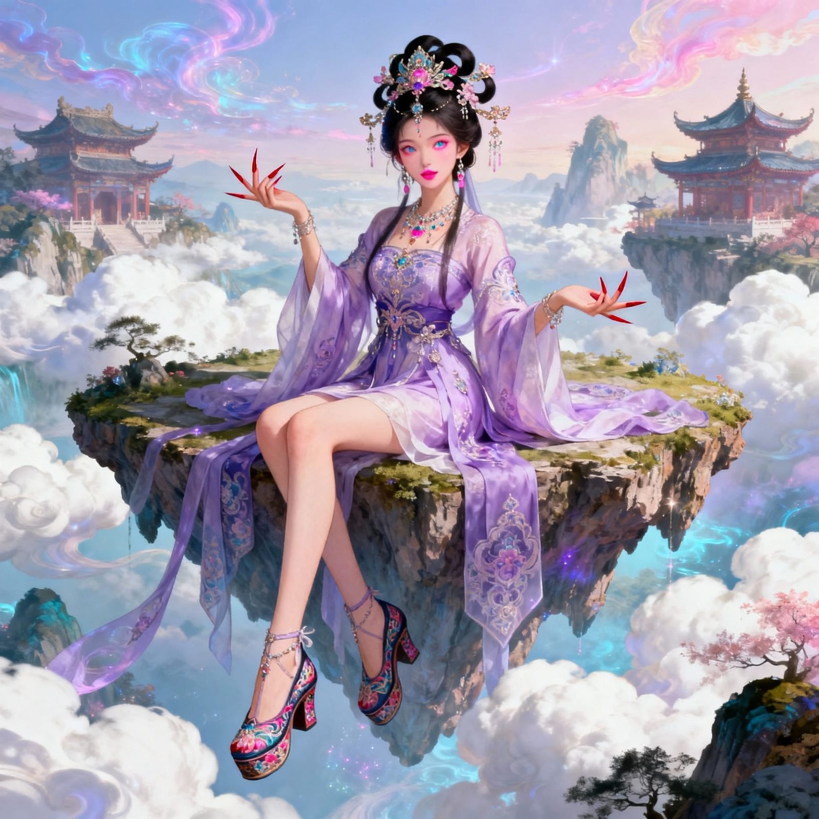 East Asian Princess on Floating Island in Chinese Landscape