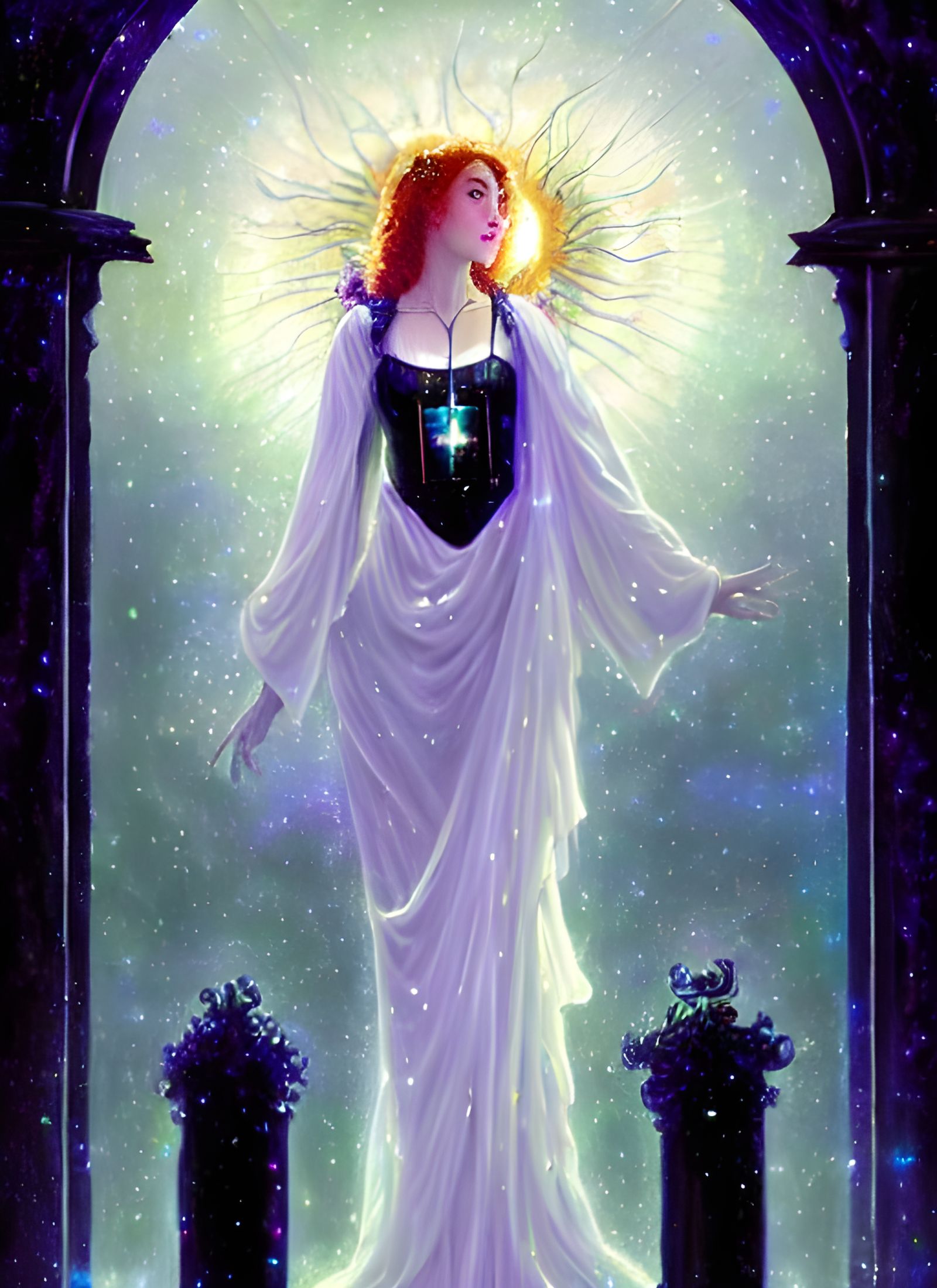 Celestial Priestess Between Pillars in Art Nouveau Style