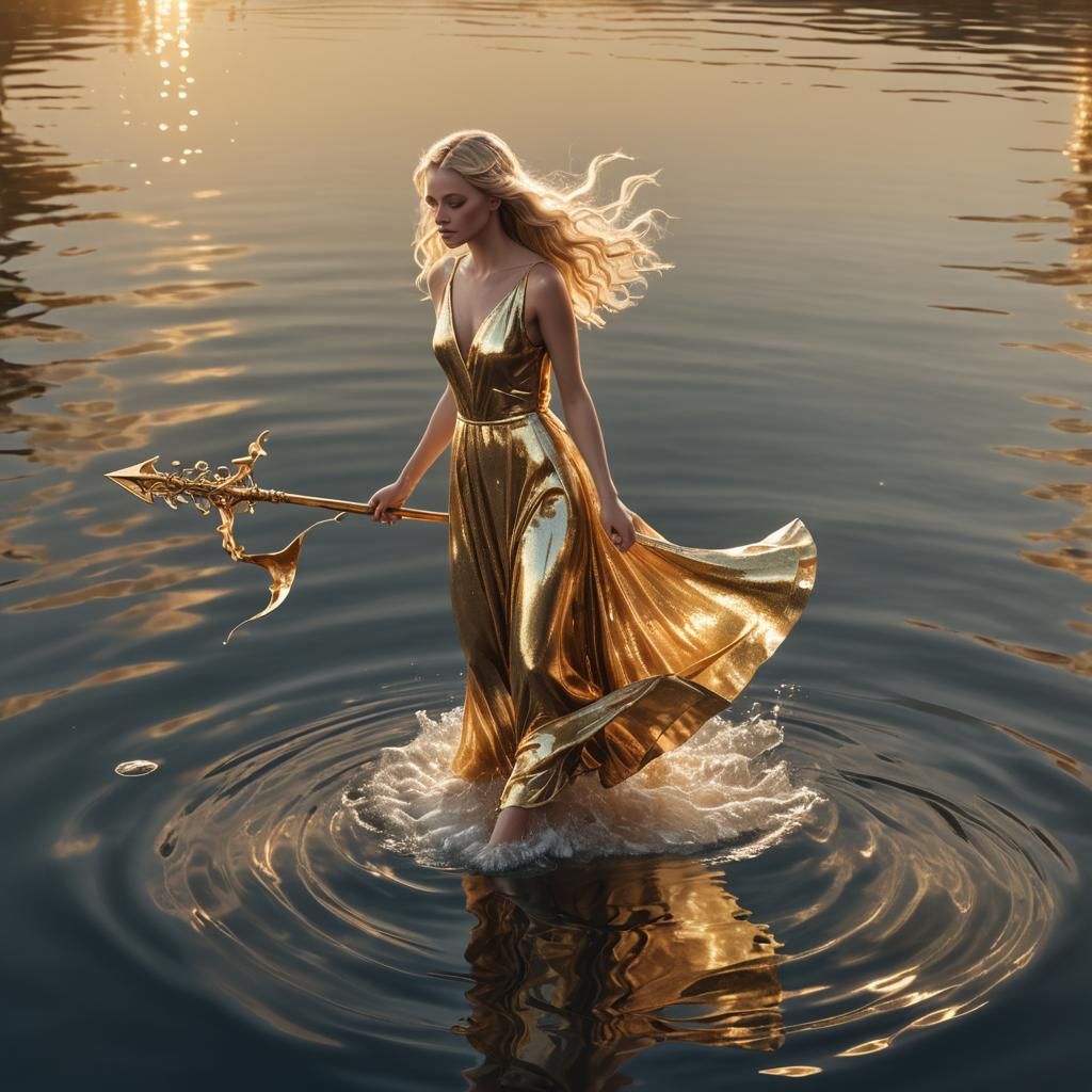 Golden Girl Walking on Water: Vivid Digital Art