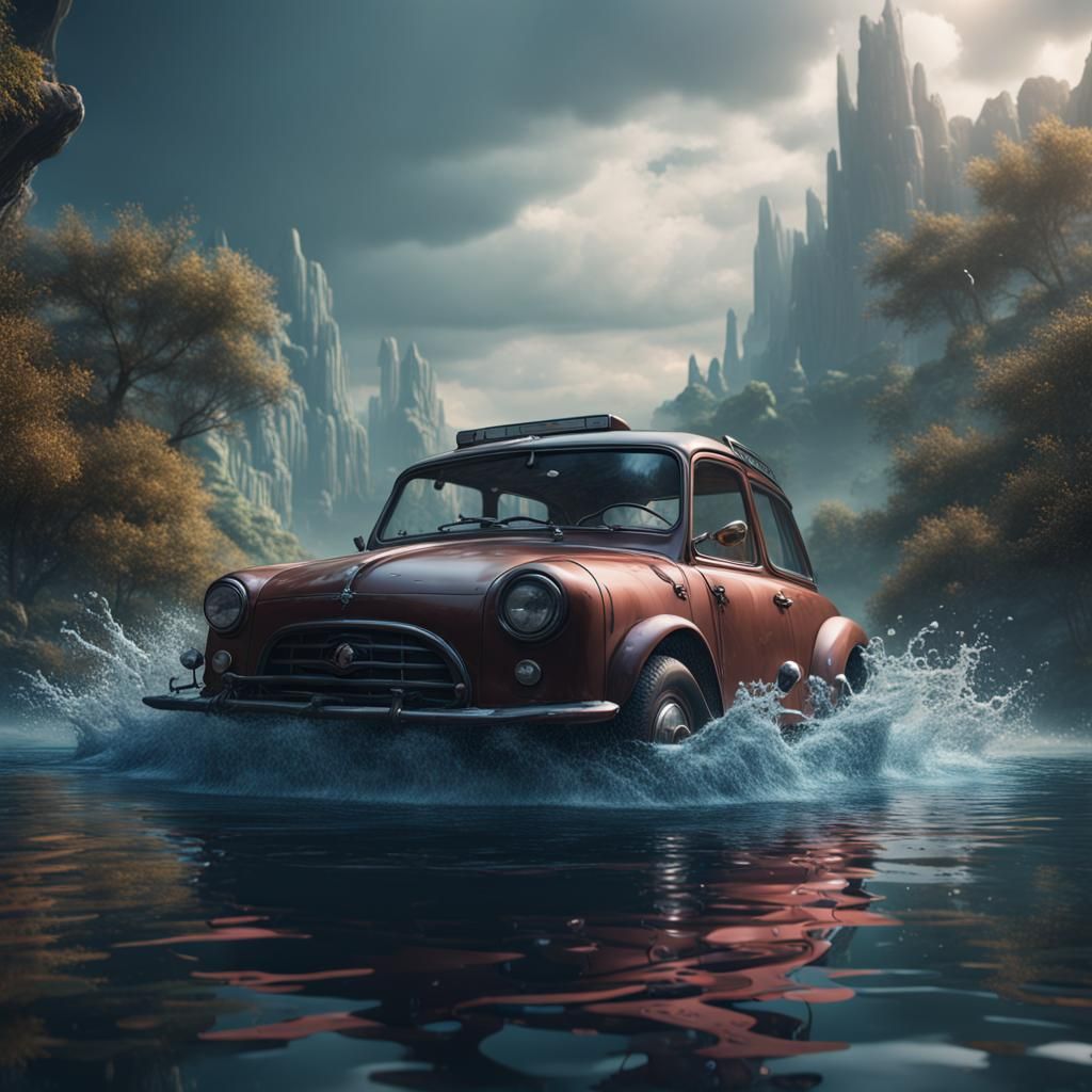 Car Submerged: Detailed Matte Painting in Deep Color