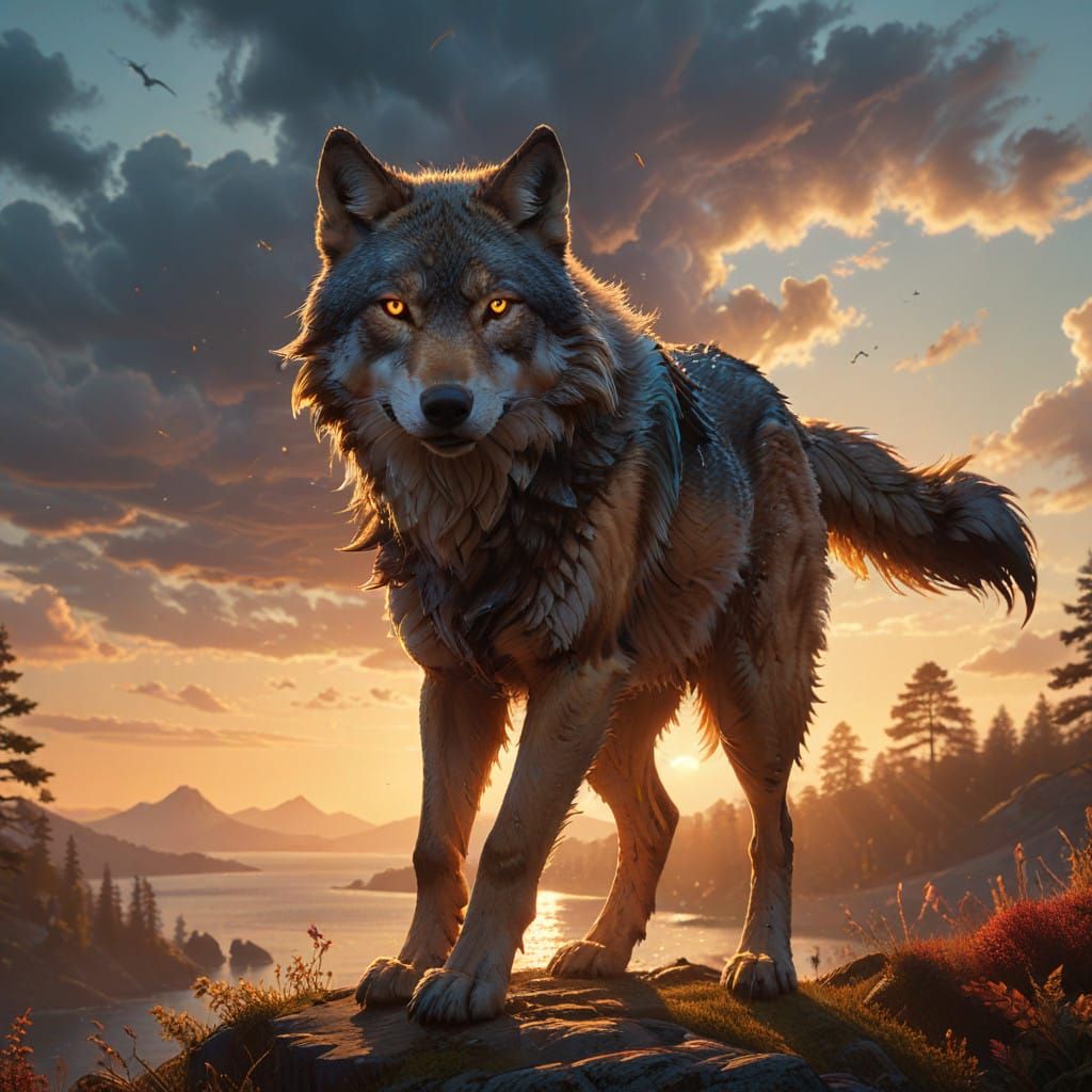 Wolf in Epic Sunset Golden Hour, Unreal Engine 5 Style, High...