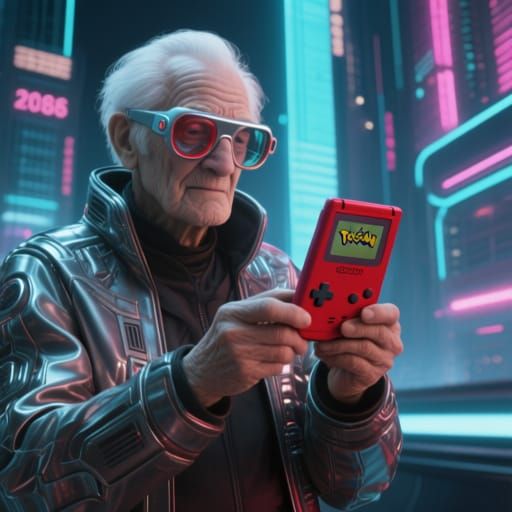 Old Man Plays Gameboy in Cyberpunk Cityscape