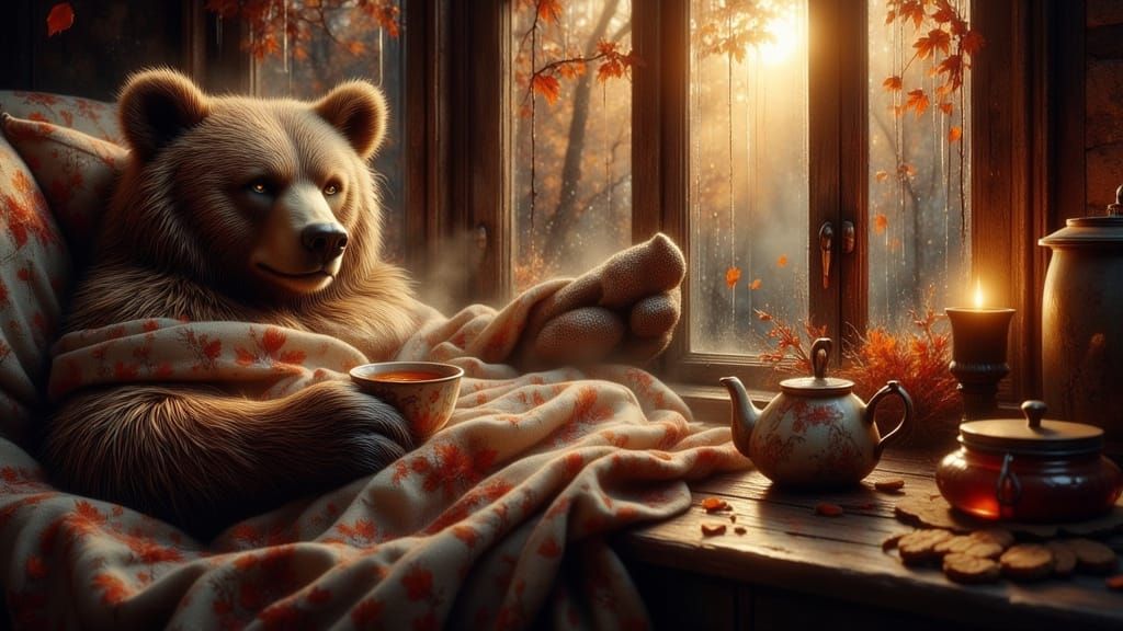 Brown Bear Enjoys Tea in Cozy Autumn Bed